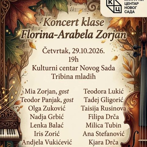 Koncert klase Florine-Arabele Zorjan 29. oktobra u klubu „Tribina mladih“